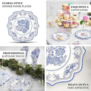 Efavormart 25 Pack | 8" White/Blue Chinoiserie Floral Print Paper Dessert Plates With Scalloped Rims, Disposable Salad Appetizer Plates - 300 GSM