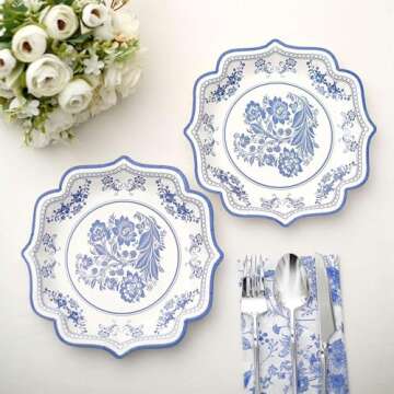 Efavormart 25 Pack | 8" White/Blue Chinoiserie Floral Print Paper Dessert Plates With Scalloped Rims, Disposable Salad Appetizer Plates - 300 GSM