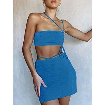 DRESBE Women's Two Piece Outfit Drawstring Crop Top and Skirt Set Off Shoulder Crop Tops Bodycon Mini Skirts High Waist Short Skirt Sexy Clubwear (Blue M)