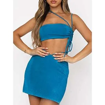 DRESBE Women's Two Piece Outfit Drawstring Crop Top and Skirt Set Off Shoulder Crop Tops Bodycon Mini Skirts High Waist Short Skirt Sexy Clubwear (Blue M)