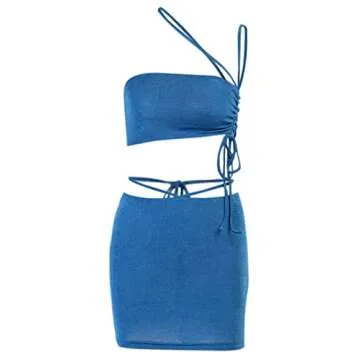 DRESBE Women's Two Piece Outfit Drawstring Crop Top and Skirt Set Off Shoulder Crop Tops Bodycon Mini Skirts High Waist Short Skirt Sexy Clubwear (Blue M)