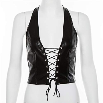 FlyCC Women’s Adjustable Spaghetti PU Leather Bustier Top