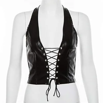 FlyCC Women’s Adjustable Spaghetti PU Leather Bustier Top