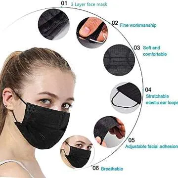 3 Ply Black Disposable Face Masks for Protection - 100PCS