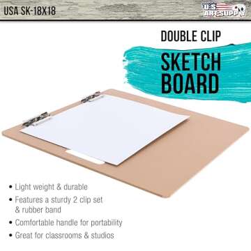 U.S. Art Supply 18" x 18" Artist Sketch Tote Board - Lightweight, Durable Tempered Hardboard with Handle, Metal Clip, Rubber Band for Sketching, Drawing, Painting - Perfect for Travel & Studio Use