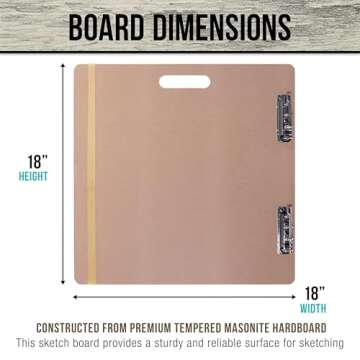 U.S. Art Supply 18" x 18" Artist Sketch Tote Board - Lightweight, Durable Tempered Hardboard with Handle, Metal Clip, Rubber Band for Sketching, Drawing, Painting - Perfect for Travel & Studio Use