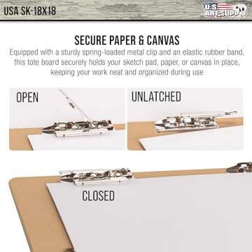 U.S. Art Supply 18" x 18" Artist Sketch Tote Board - Lightweight, Durable Tempered Hardboard with Handle, Metal Clip, Rubber Band for Sketching, Drawing, Painting - Perfect for Travel & Studio Use