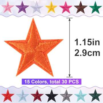PAGOW 30 Pcs Star Iron on Patch Set - Vibrant Customizable Patches for Clothing, Bags, & More