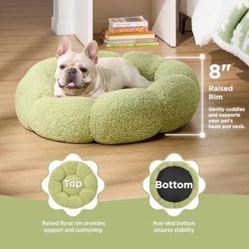 Lesure Calming Medium Dog Bed - Flower Donut Round Fluffy Puppy Bed in Plush Teddy Sherpa, Non-Slip Cute Flower Cat Beds for Indoor Cats, Medium Pet Bed Fits up to 45 lbs, Machine Washable, Green 30"