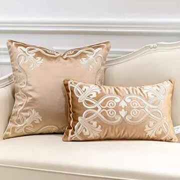 Avigers 12 x 20 Inch European Cushion Cover Luxury Velvet Home Decorative Embroidery Petunias Pillow Case Pillowcase for Sofa Chair Bedroom Living Room, Beige
