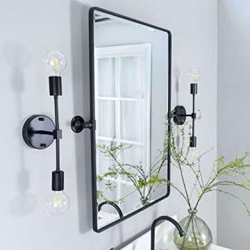 20 x 24 ‘’ Farmhouse Black Metal Framed Pivot Rectangle Bathroom Mirror Rounded Rectangluar Tilt...