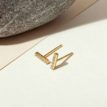 PAVOI CZ Stud Earrings: 14K Gold Plated Sterling Silver Dainty Mini Bar Stud Earrings (Yellow)
