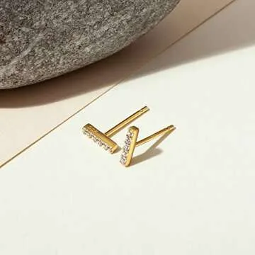 PAVOI CZ Stud Earrings: 14K Gold Plated Sterling Silver Dainty Mini Bar Stud Earrings (Yellow)