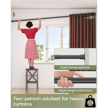 ALLZONE Heavy Duty Tension Curtain Rod for Window, 83-123 Inches, Room Divider with Adjustable Pole for Patio, Bedroom, Balcony, Hold Up Blackout Curtains and Non-Slip, Solid, Black