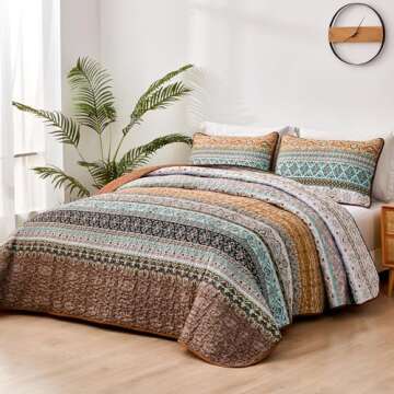 WONGS BEDDING Boho Fall Queen Quilt Set, Brown Bohemian Queen Quilt Bedding Set, Lightweight Microfi...