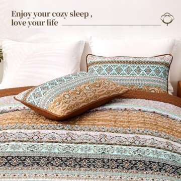 WONGS BEDDING Boho Fall Queen Quilt Set, Brown Bohemian Queen Quilt Bedding Set, Lightweight Microfiber Bed Decor Bedspread for All Season 96"x90"(3 Pieces)