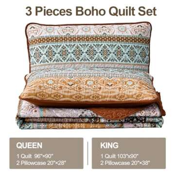 WONGS BEDDING Boho Fall Queen Quilt Set, Brown Bohemian Queen Quilt Bedding Set, Lightweight Microfiber Bed Decor Bedspread for All Season 96"x90"(3 Pieces)