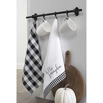Elrene Home Fashions Farmhouse Living Fall Hello Pumpkin and Check Kitchen Towel Set, 18" x 28", Black/White