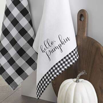 Elrene Home Fashions Farmhouse Living Fall Hello Pumpkin and Check Kitchen Towel Set, 18" x 28", Black/White