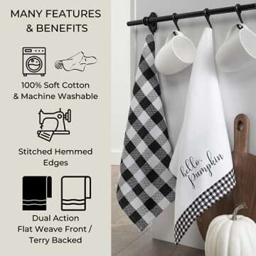 Elrene Home Fashions Farmhouse Living Fall Hello Pumpkin and Check Kitchen Towel Set, 18" x 28", Black/White