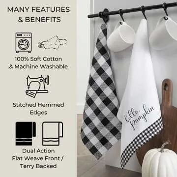 Elrene Home Fashions Farmhouse Living Fall Hello Pumpkin and Check Kitchen Towel Set, 18" x 28", Black/White