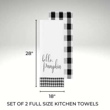Elrene Home Fashions Farmhouse Living Fall Hello Pumpkin and Check Kitchen Towel Set, 18" x 28", Black/White