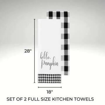 Elrene Home Fashions Farmhouse Living Fall Hello Pumpkin and Check Kitchen Towel Set, 18" x 28", Black/White