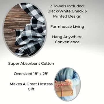 Elrene Home Fashions Farmhouse Living Fall Hello Pumpkin and Check Kitchen Towel Set, 18" x 28", Black/White