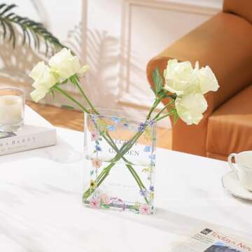 PORPAN Book Vase, Acrylic Book Vase for Flowers, Book Flower Vase Clear, Book Shaped Vase, A Book About Flowers Vase, Modern Decorative Vase for Home, Office, Bedroom, Living Room, Dining Table