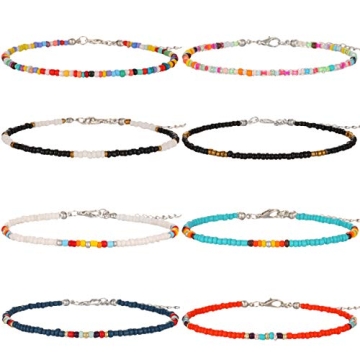 XIJIN 8Pcs Handmade Beaded Anklets - Boho Colorful Adjustable Foot Jewelry
