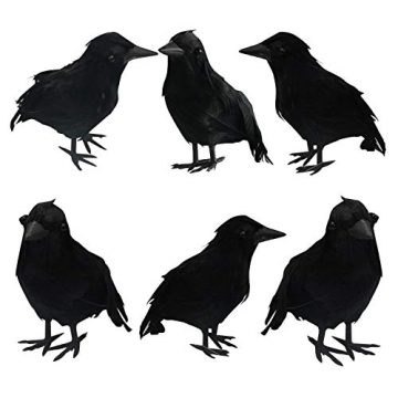 Lifelike FUNPENY Halloween Black Feathered Crows - 6 Pack
