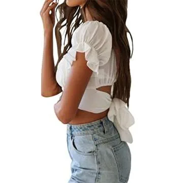 LYANER Women's Ruffle Short Sleeve Tie Up Back Crop Top Off Shoulder Bardot Blouse White Large