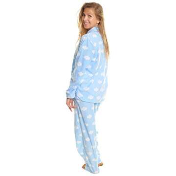 Angelina Womens Pajama Set with Notch Collar and Pockets | Blue Base with White Clouds | Women's Cozy Fleece PJ56_XL