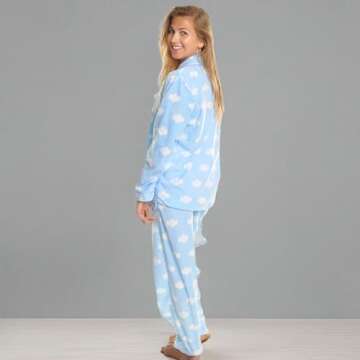 Angelina Womens Pajama Set with Notch Collar and Pockets | Blue Base with White Clouds | Women's Cozy Fleece PJ56_XL