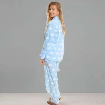 Angelina Womens Pajama Set with Notch Collar and Pockets | Blue Base with White Clouds | Women's Cozy Fleece PJ56_XL
