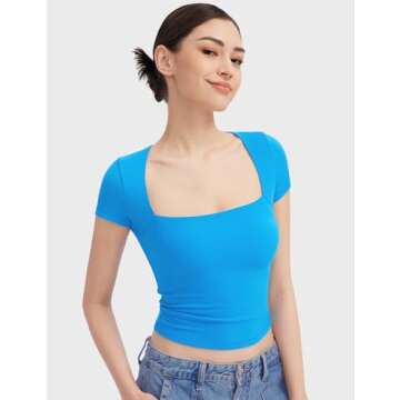 PUMIEY Women's Square Neck Tops Short Sleeve T Shirts for Women Slim Fit Tee Shirt Trendy, Pool X-Large