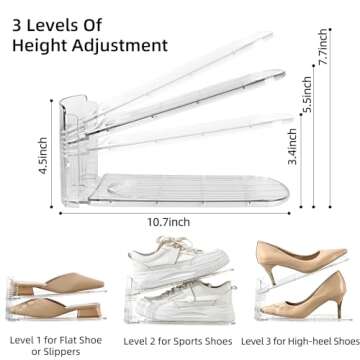 Uni HIMO 6 Pack Shoe Slots Organizer Adjustable Level Shoe Stacker Holder Storage Space Saving Sneakers Display Tray Rack for Closet (Transparent, 6Pack)