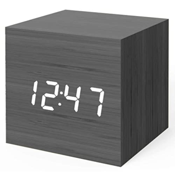 MiCar Digital Alarm Clock, Wood LED Light Mini Modern Cube Desk Alarm Clock Displays Time Date Tempe...