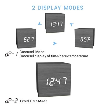 MiCar Digital Alarm Clock, Wood LED Light Mini Modern Cube Desk Alarm Clock Displays Time Date Temperature Kids, Bedroom, Home, Dormitory, Travel (Black)