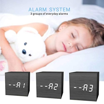 MiCar Digital Alarm Clock, Wood LED Light Mini Modern Cube Desk Alarm Clock Displays Time Date Temperature Kids, Bedroom, Home, Dormitory, Travel (Black)