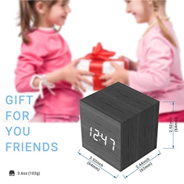 MiCar Digital Alarm Clock, Wood LED Light Mini Modern Cube Desk Alarm Clock Displays Time Date Temperature Kids, Bedroom, Home, Dormitory, Travel (Black)