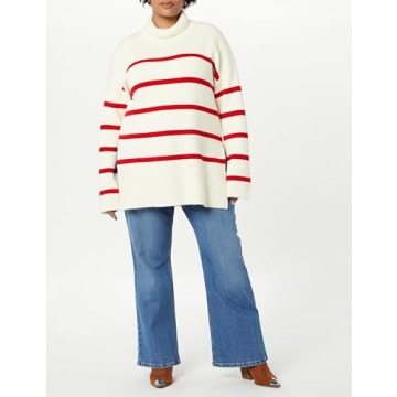 The Drop Women's Camilla Drop Shoulder Turtleneck Whisper White/Cherry Red, L