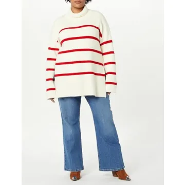 The Drop Women's Camilla Drop Shoulder Turtleneck Whisper White/Cherry Red, L