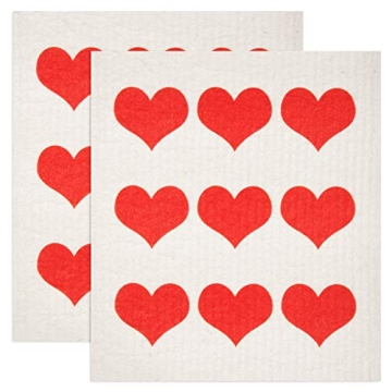 GMIcréatifs Swedish Dishcloths 2 Pack Row of Red Hearts Print Reusable Sponges Kitchen Cleaning Clo...