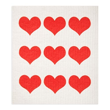 GMIcréatifs Swedish Dishcloths 2 Pack Row of Red Hearts Print Reusable Sponges Kitchen Cleaning Cloth Dish Scrubber, Machine Washable, Measures 7.87”x6.88 inches.