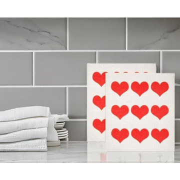 GMIcréatifs Swedish Dishcloths 2 Pack Row of Red Hearts Print Reusable Sponges Kitchen Cleaning Cloth Dish Scrubber, Machine Washable, Measures 7.87”x6.88 inches.