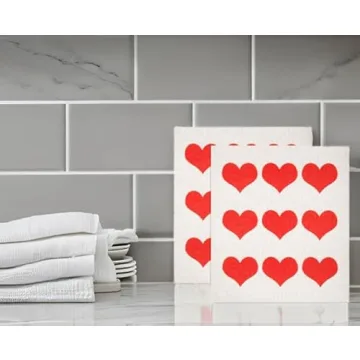 GMIcréatifs Swedish Dishcloths 2 Pack Row of Red Hearts Print Reusable Sponges Kitchen Cleaning Cloth Dish Scrubber, Machine Washable, Measures 7.87”x6.88 inches.