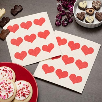 GMIcréatifs Swedish Dishcloths 2 Pack Row of Red Hearts Print Reusable Sponges Kitchen Cleaning Cloth Dish Scrubber, Machine Washable, Measures 7.87”x6.88 inches.