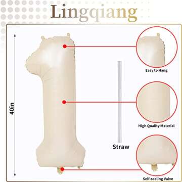 40 Inch Beige Number 1 Balloon for 1st Birthday Decoration, Large Self Inflating Cream Foil Number B...
