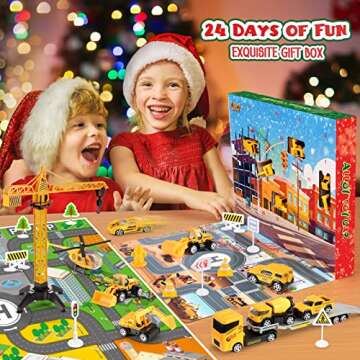 Advent Calendar: Alloy Construction Engineering Vehicle Toy Sets Plus 2 Mats, Christmas Gifts Toys for 3-8 Year Old Boy, Stocking Stuffer Christmas Countdown for Boys| Toddler| Kids (yellow)